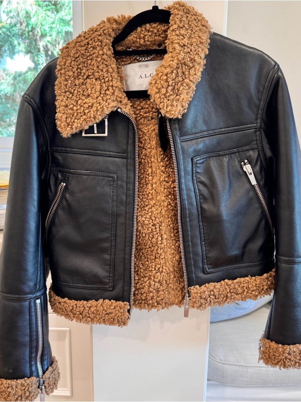 A.L.C. Black Leather Bomber Jacket with Tan Shearling Trim